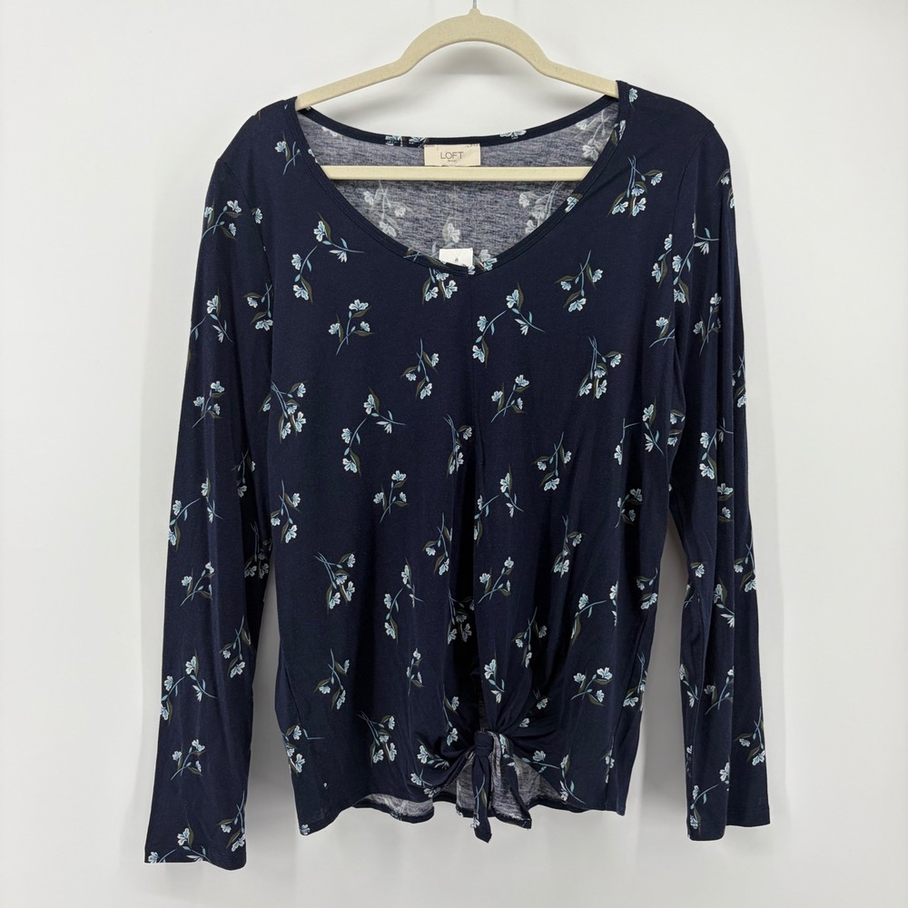 LOFT Womens Medium Navy Blue Floral V-Neck Long Sleeve Front Tie Knot Top
